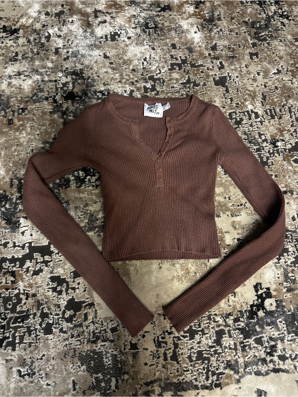 Princess Polly Chocolate Brown Ribbed Henley Long-Sleeve Top
